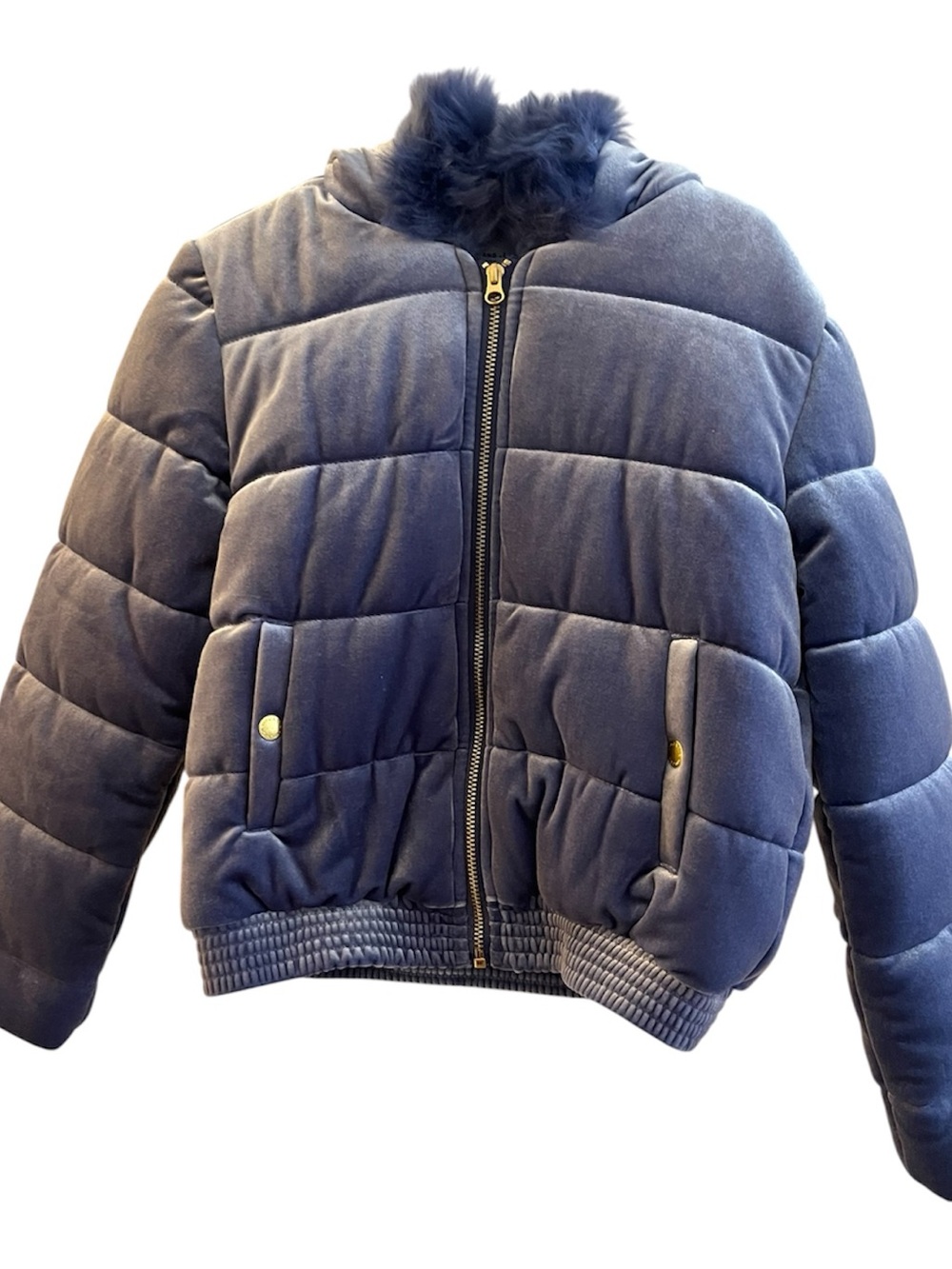Janie and Jack Kids Quilted Puffer Jacket Faux Fur Trim Navy 5T-6 NWT